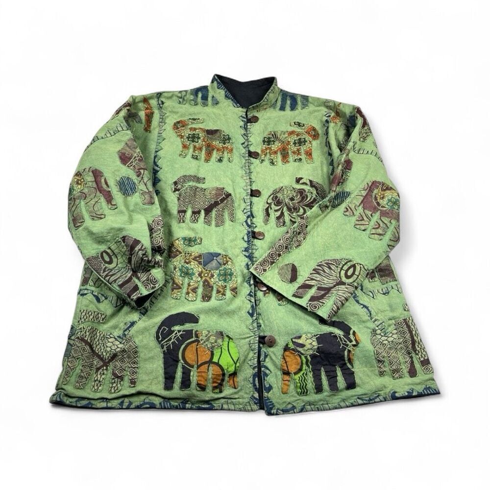 Silverstream Vintage Button Jacket Green Elephant Applique Boho Art to Wear OS